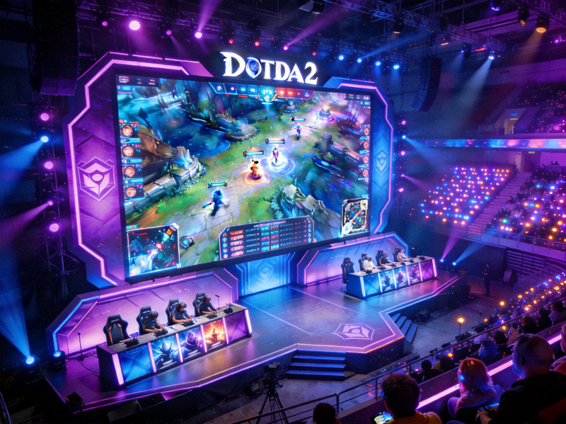 DOTA2国际邀请赛电竞比赛，灯光绚丽的电竞舞台大屏幕展示游戏画面