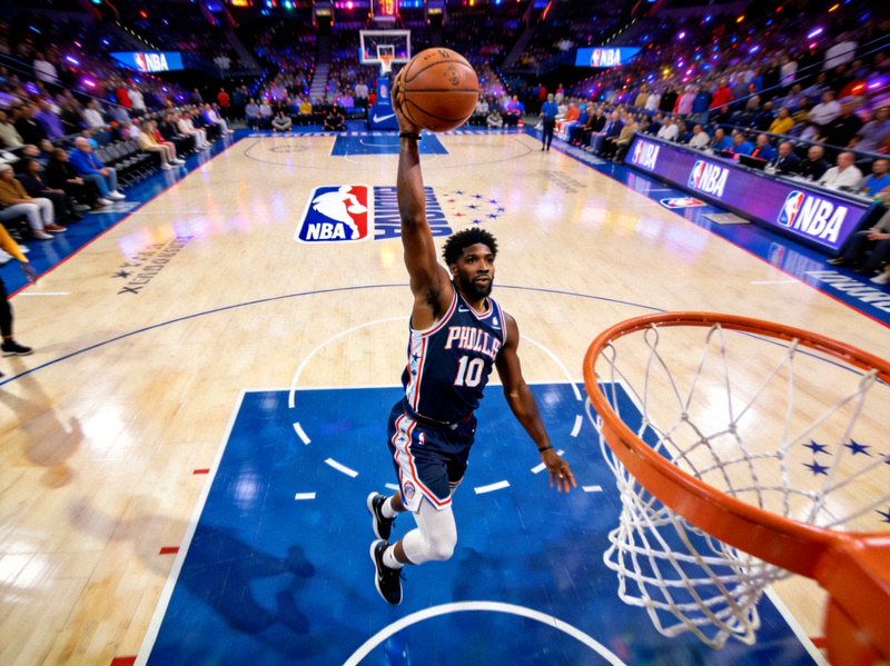 NBA篮球比赛现场，球员在球场上跳起投篮，篮球场灯光璀璨
