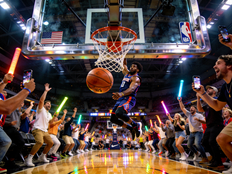 NBA篮球比赛精彩瞬间，运动员扣篮得分，观众席欢呼沸腾